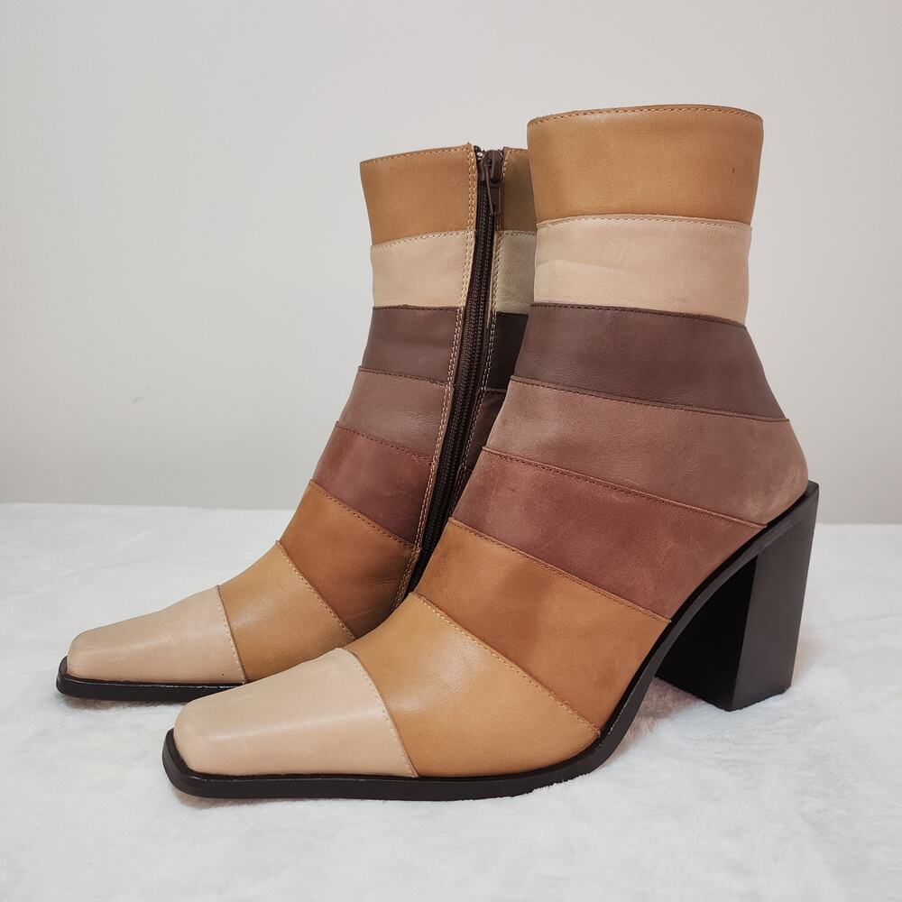 Jeffrey Campbell Patchwork Leather Boots 9 Mod 70s Retro Earthcore Nude Brown